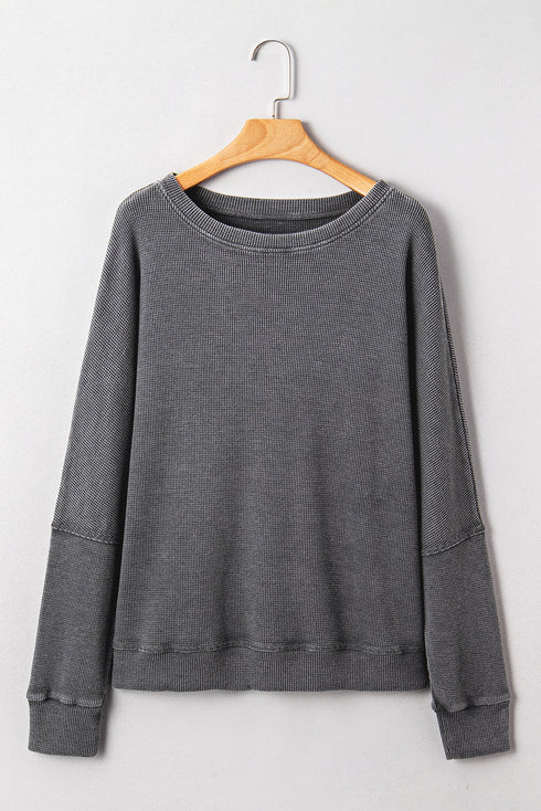Waffle Knit Drop Shoulder Wide Crewneck Banded Hem Loose Fit Top